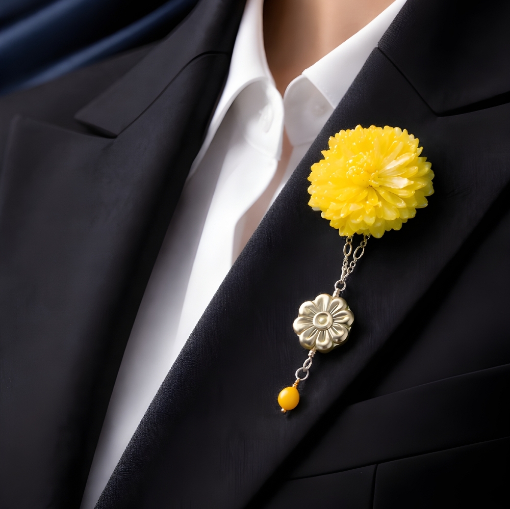 #437 HAND CRAFTED Brooch handmade Real Flower Resin Brooch Yellow Shell Beads